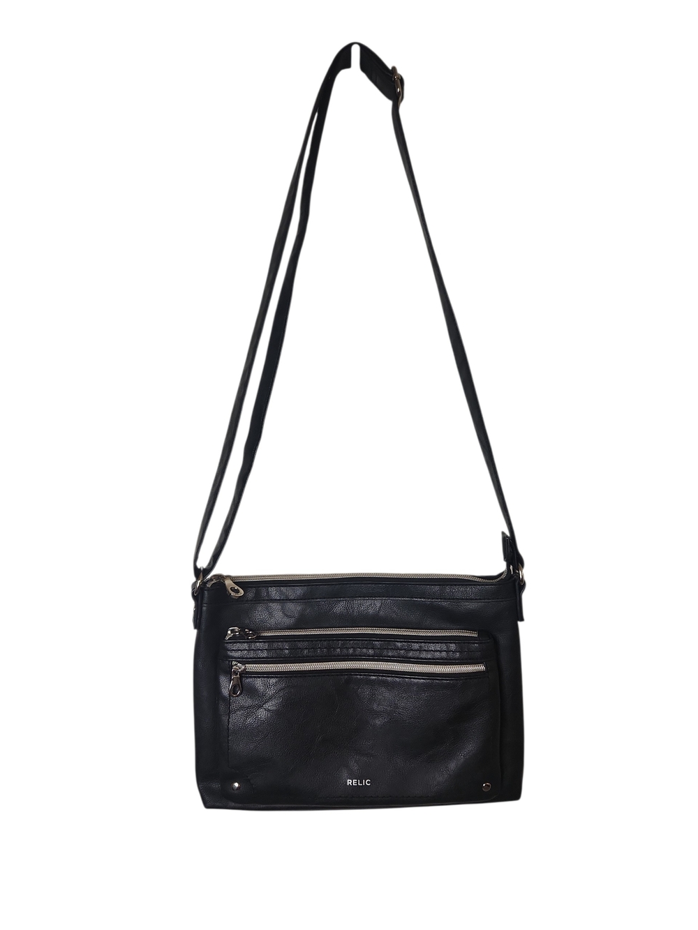 Relic By Fossil Evie Black Crossbody Bag Front Zip Pockets Silvertone Hardware
